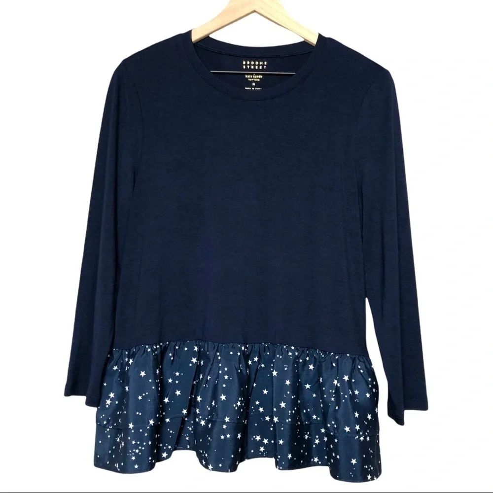 NWT KATE‎ SPADE Top Star Print Tiered Ruffle Peplum 3/4 Sleeve in Navy Size M